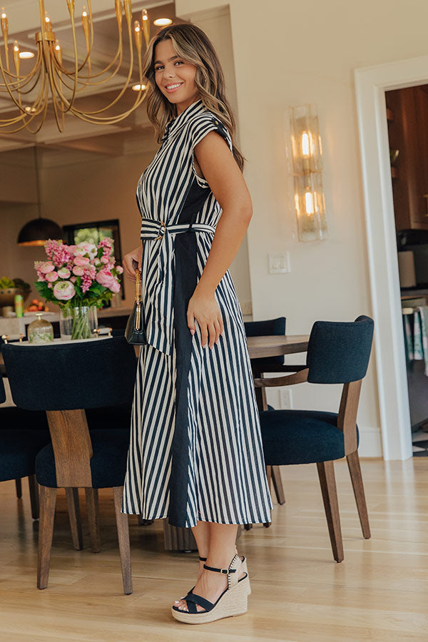 Resort Plans Linen-Blend Stripe Midi Dress OMFORT