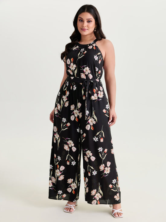 Large Floral Print Halter Neckline Jumpsuit OMFORT