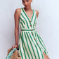 Catherine Button Linen Dress-Ivory and Green Satin Stripe OMFORT