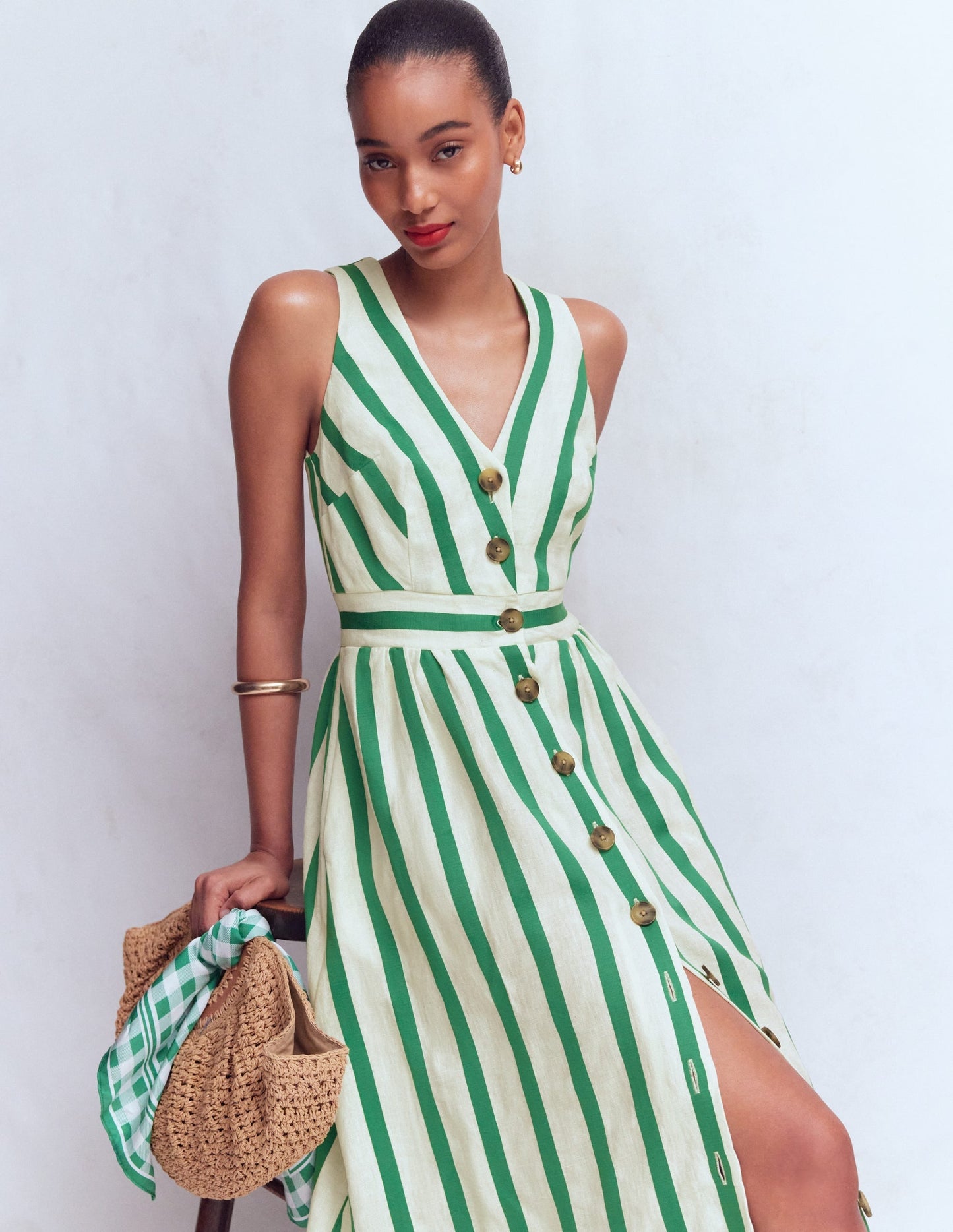 Catherine Button Linen Dress-Ivory and Green Satin Stripe OMFORT
