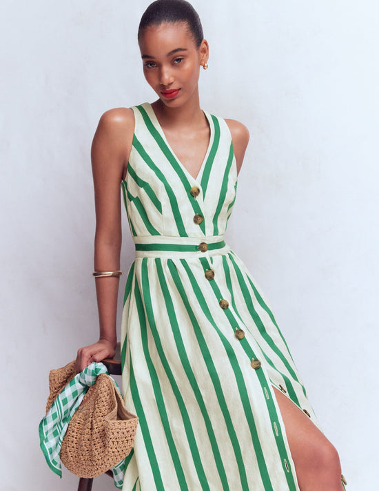 Catherine Button Linen Dress-Ivory and Green Satin Stripe OMFORT