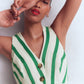 Catherine Button Linen Dress-Ivory and Green Satin Stripe OMFORT