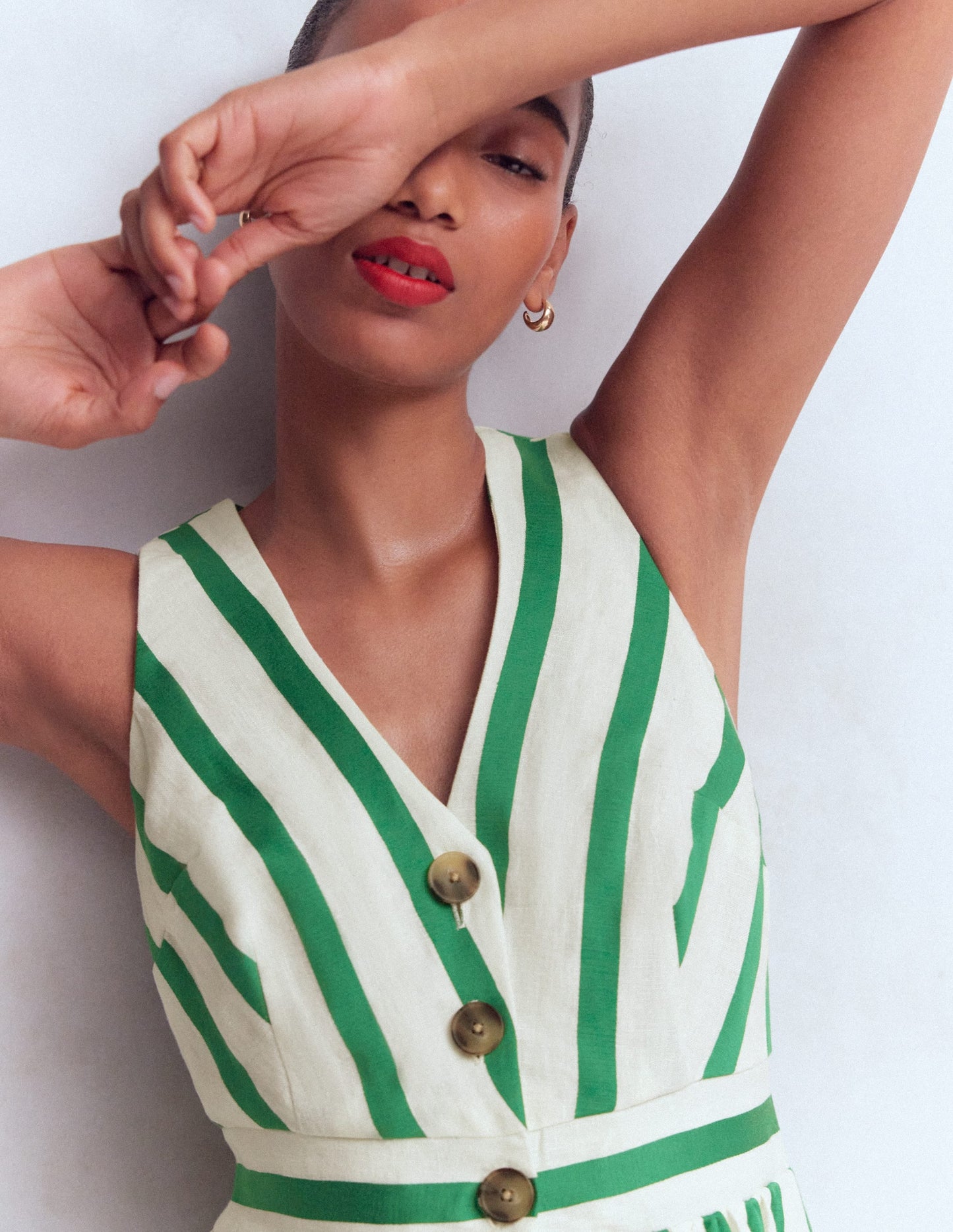 Catherine Button Linen Dress-Ivory and Green Satin Stripe OMFORT