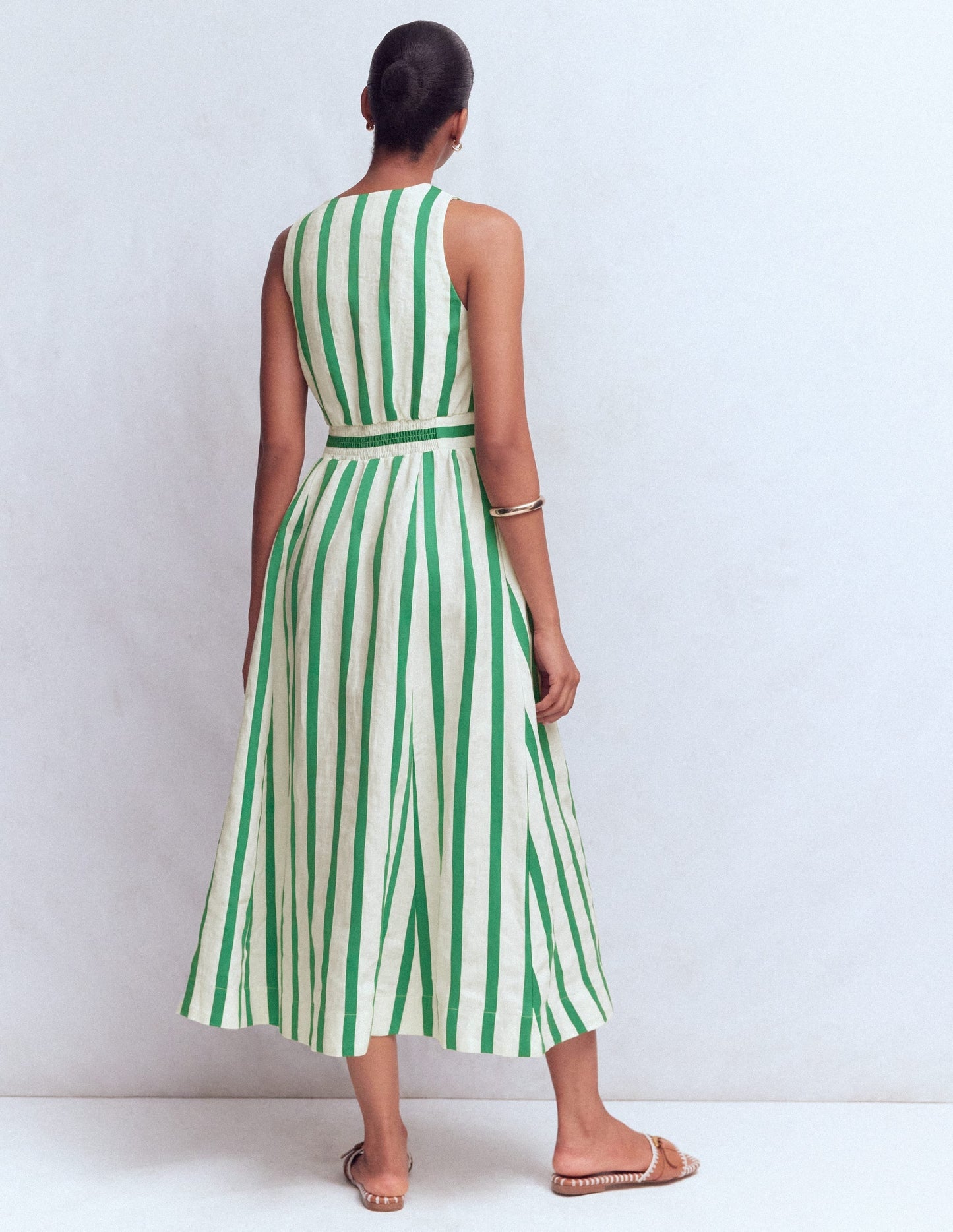 Catherine Button Linen Dress-Ivory and Green Satin Stripe OMFORT