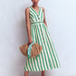 Catherine Button Linen Dress-Ivory and Green Satin Stripe OMFORT