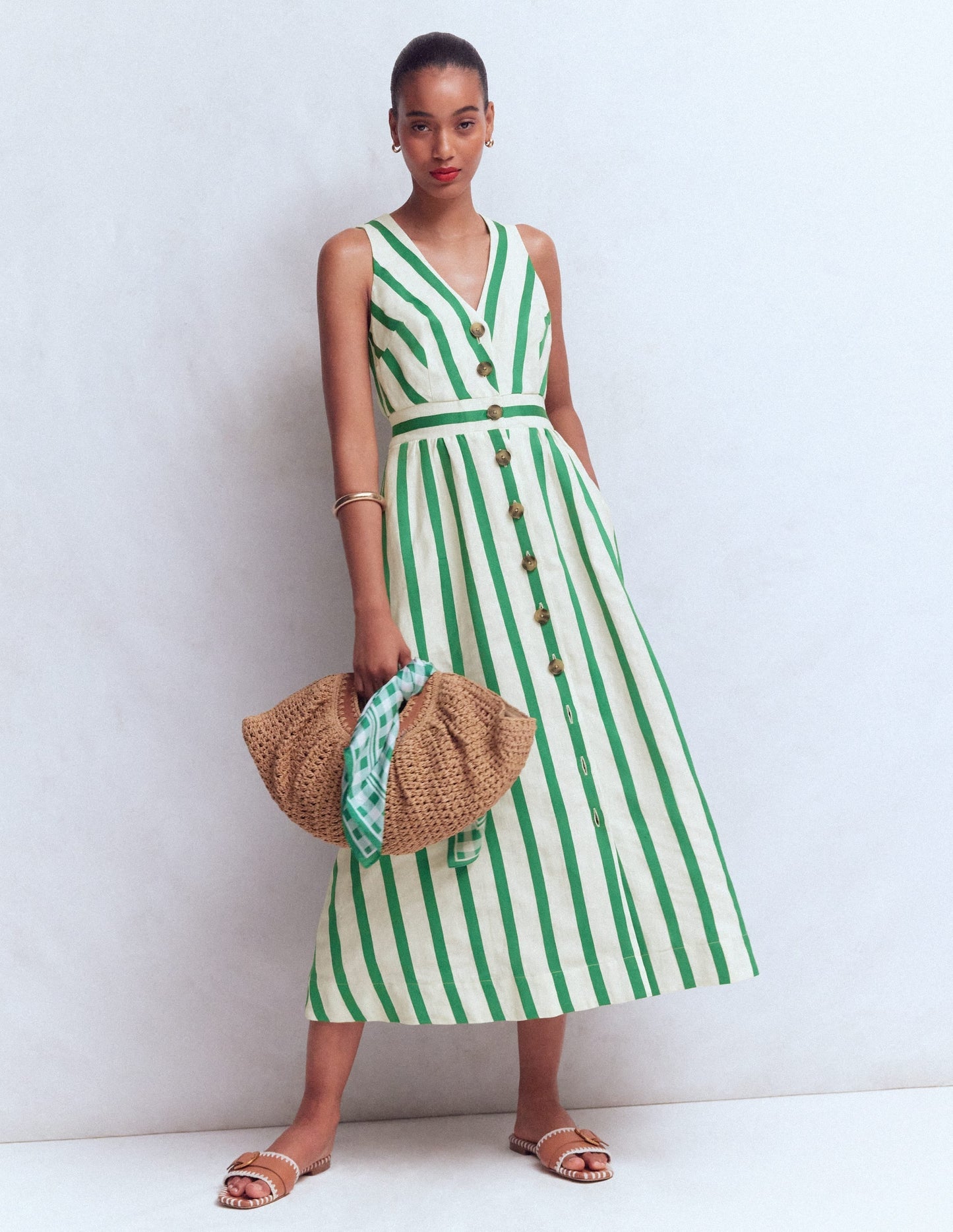 Catherine Button Linen Dress-Ivory and Green Satin Stripe OMFORT