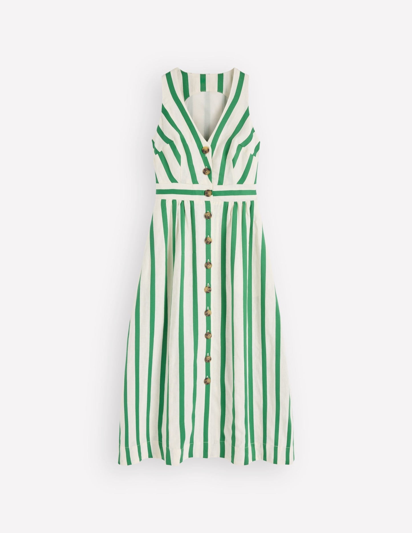 Catherine Button Linen Dress-Ivory and Green Satin Stripe OMFORT