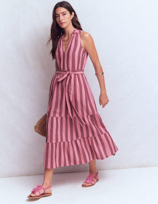 Viv Double Cloth Maxi Dress-Brown Pink Stripe OMFORT