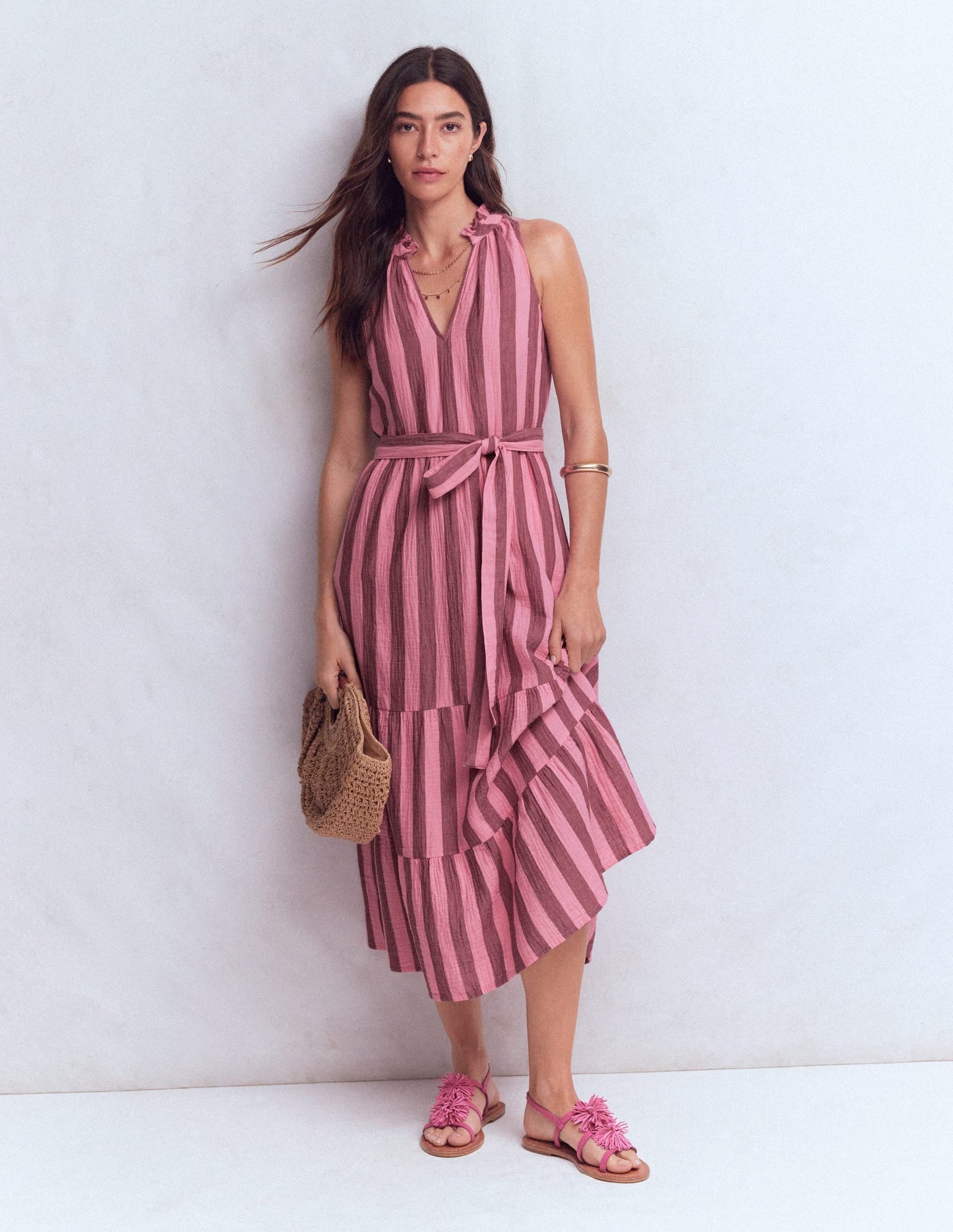Viv Double Cloth Maxi Dress-Brown Pink Stripe OMFORT