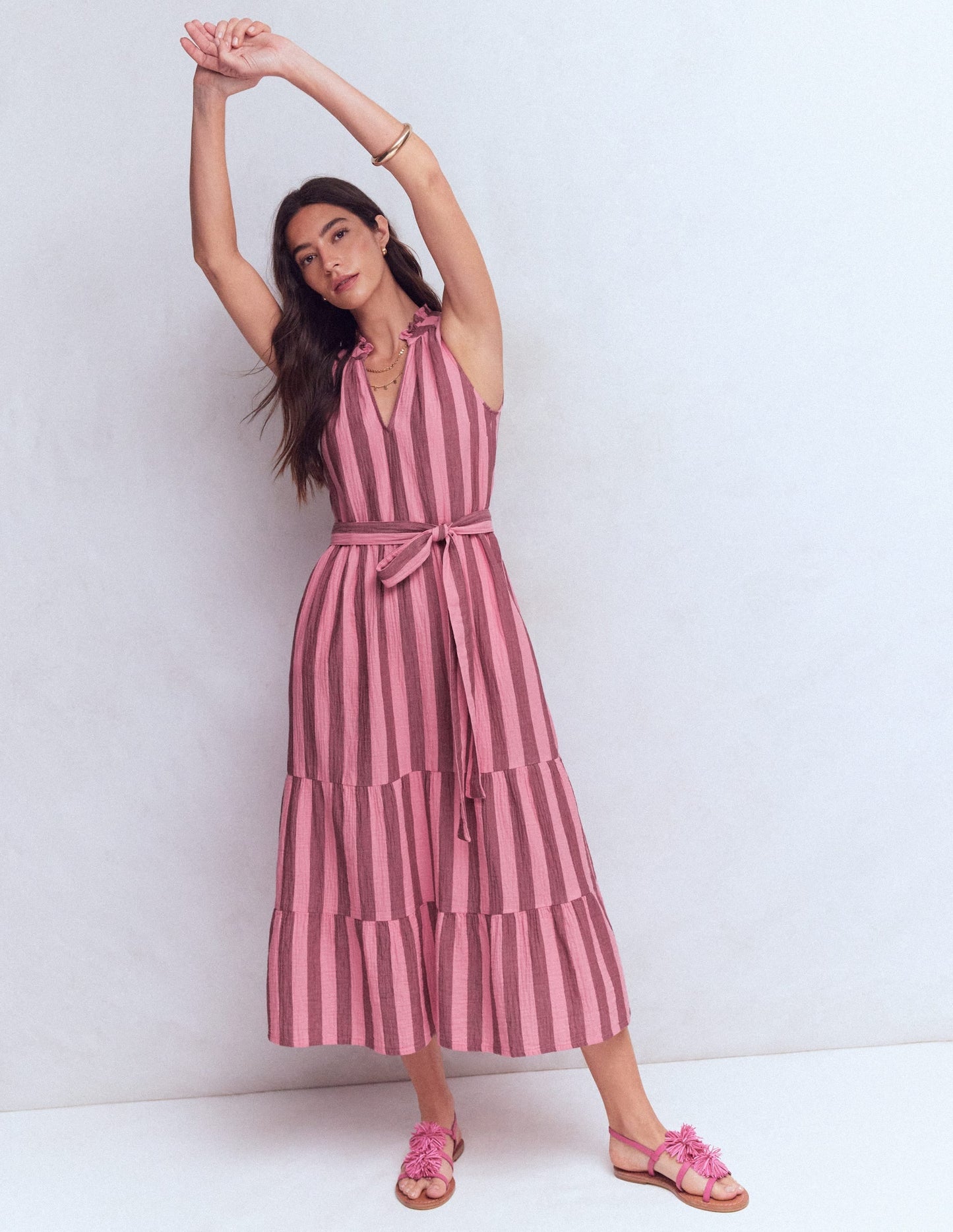 Viv Double Cloth Maxi Dress-Brown Pink Stripe OMFORT