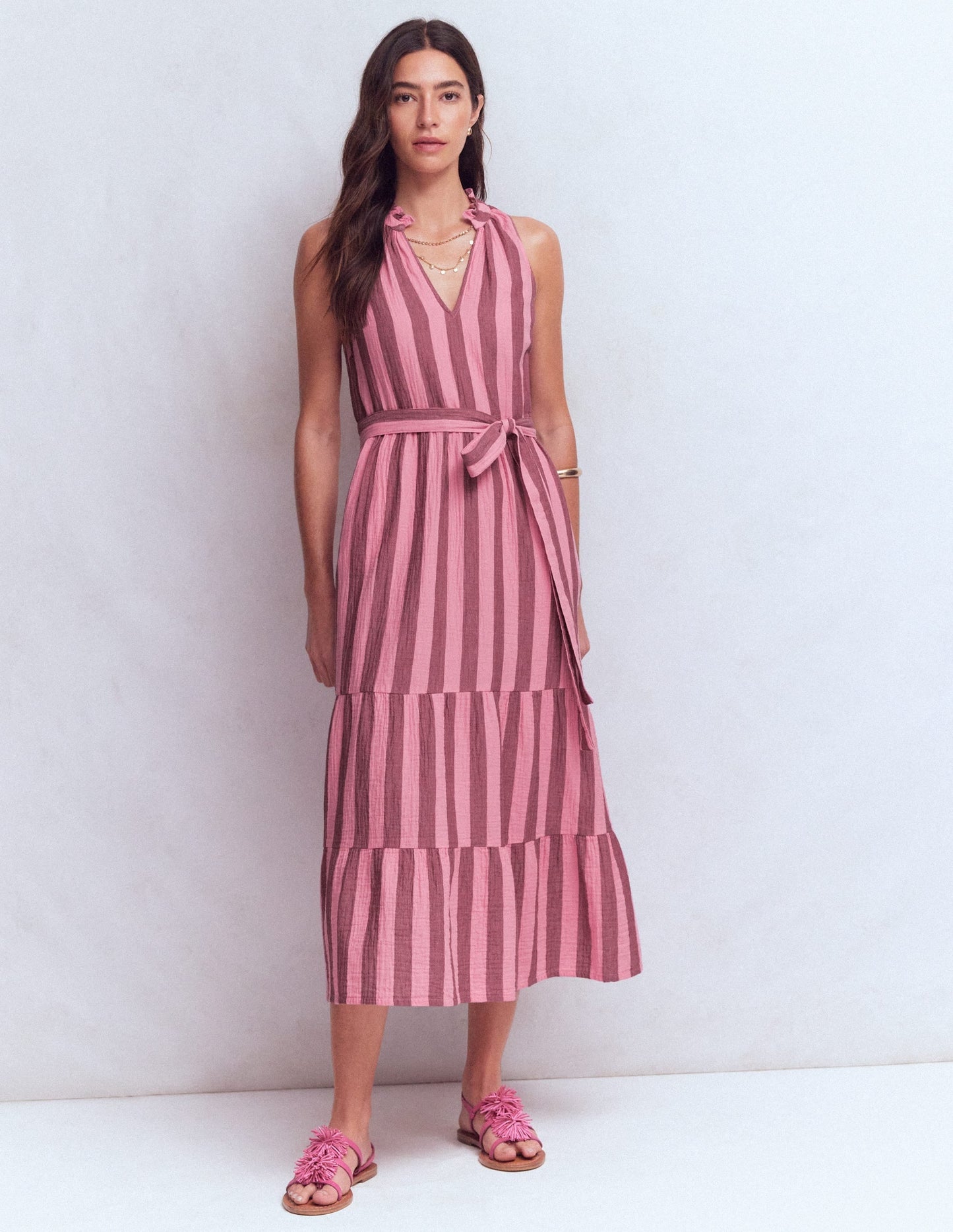 Viv Double Cloth Maxi Dress-Brown Pink Stripe OMFORT