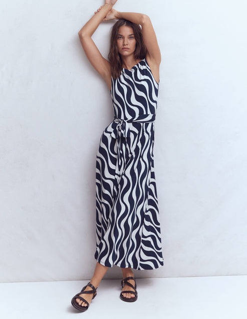 Tamsin Jersey Midi Dress-French Navy, Rhythmic Wave OMFORT