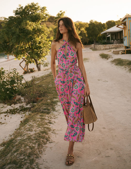 Sydney Twist Neck Jersey Dress-Pink Paisley OMFORT