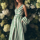 Catherine Button Linen Dress-Ivory and Green Satin Stripe OMFORT