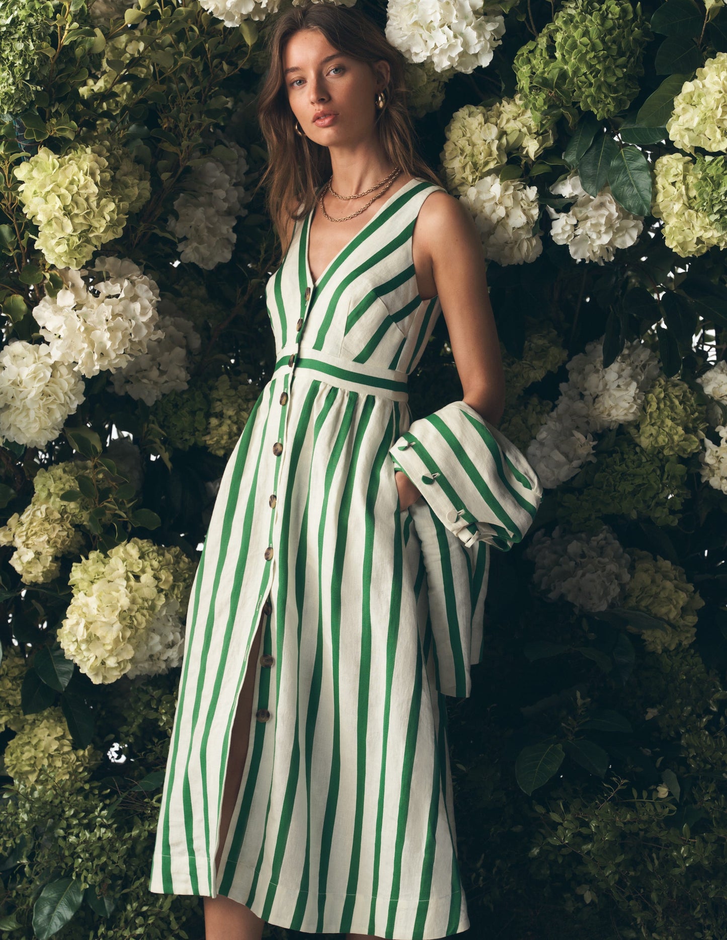 Catherine Button Linen Dress-Ivory and Green Satin Stripe OMFORT