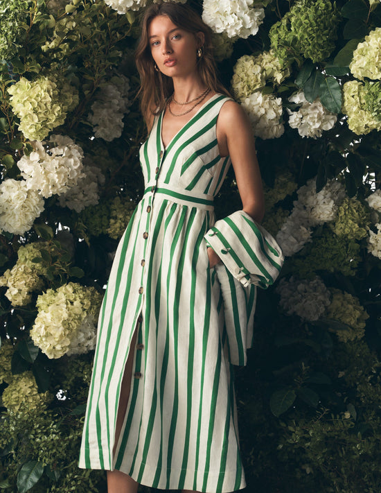 Catherine Button Linen Dress-Ivory and Green Satin Stripe OMFORT
