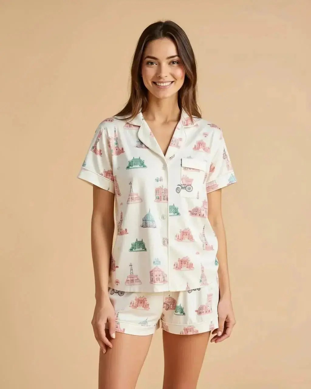 Architectural Print Lapel Pajama Set OMFORT