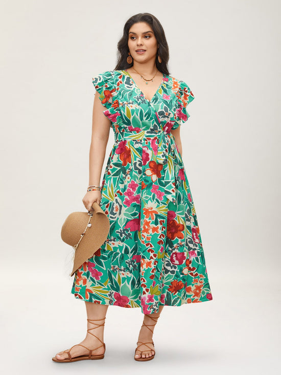 Floral Wrap Patchwork Ruffle Cap Sleeve Dress OMFORT