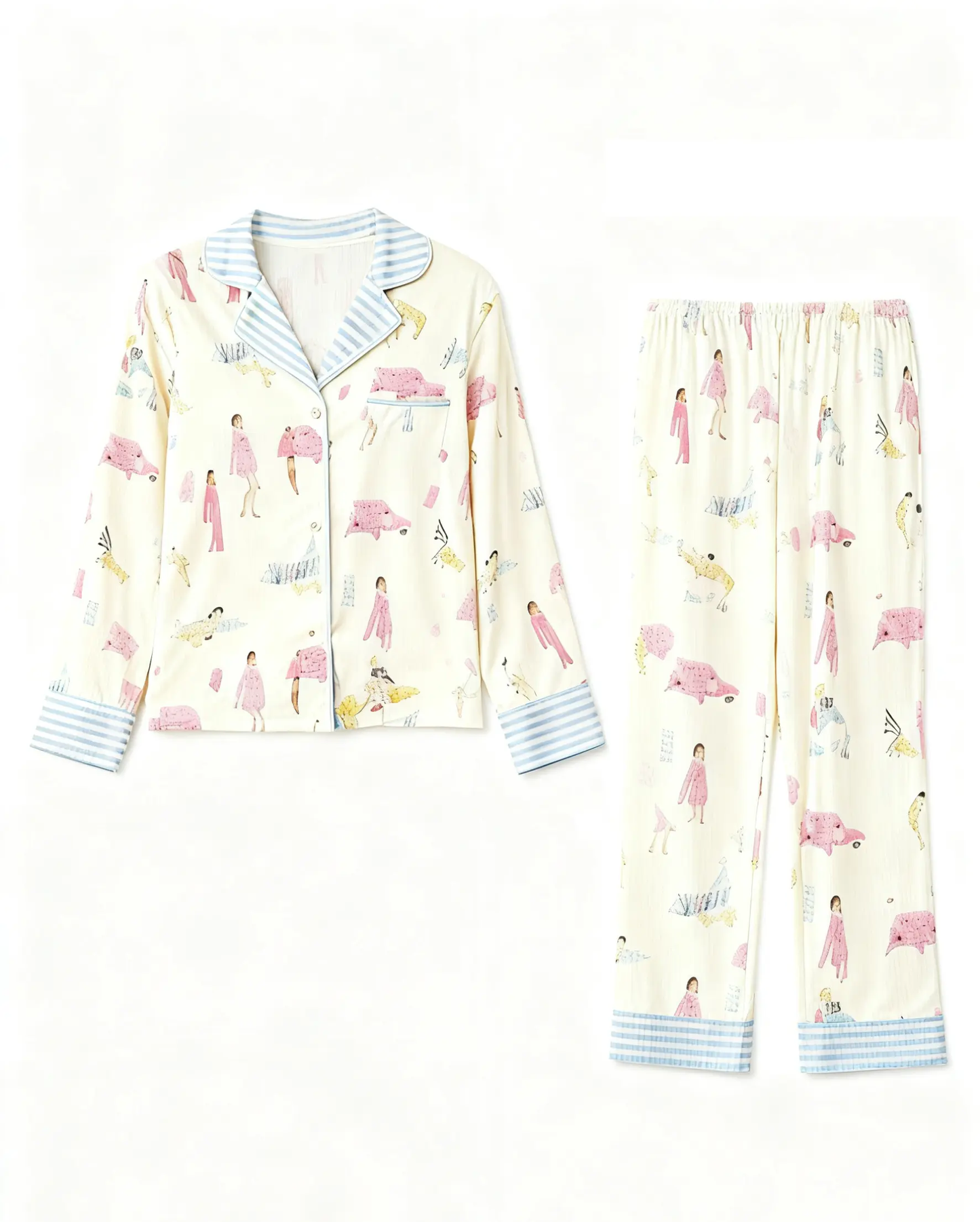 Character Print Blue Stripe Lapel Pajamas OMFORT