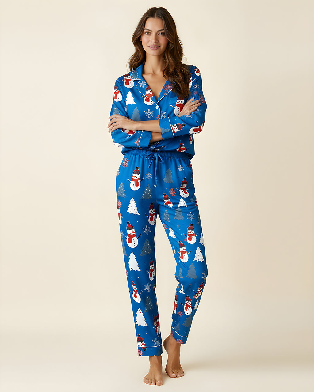 Christmas Snowman And Trees Print Pajama Set OMFORT