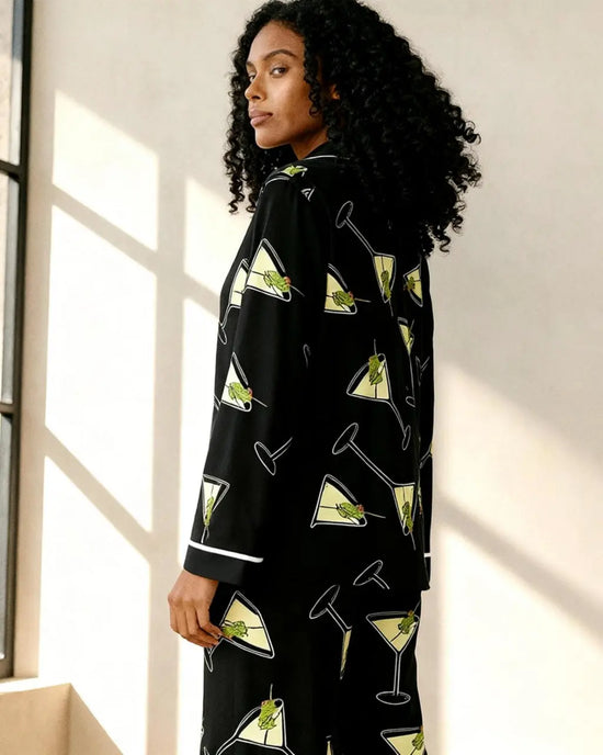 Black Martinis Olives Print Pajama Set OMFORT