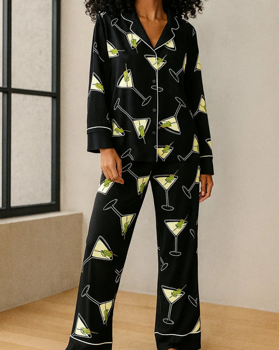 Black Martinis Olives Print Pajama Set OMFORT