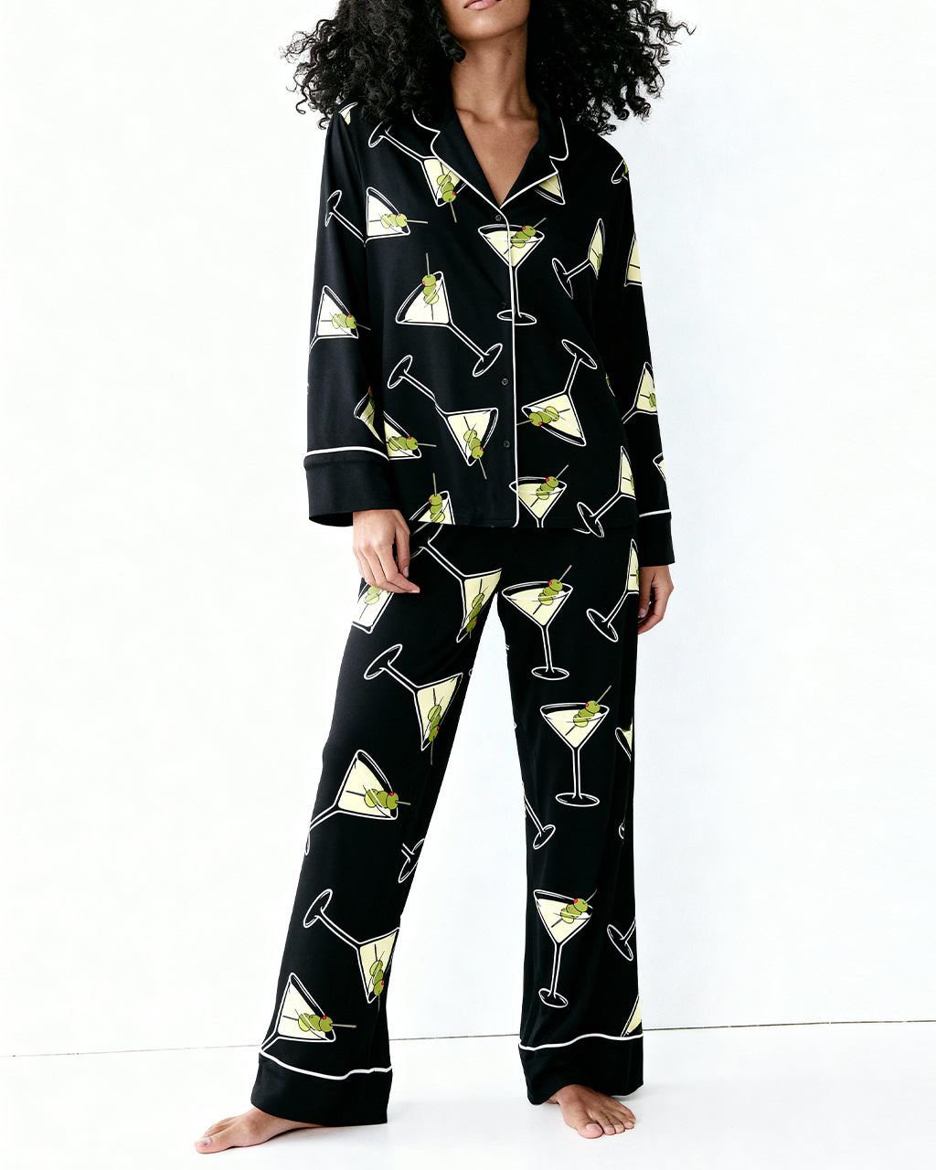 Black Martinis Olives Print Pajama Set OMFORT