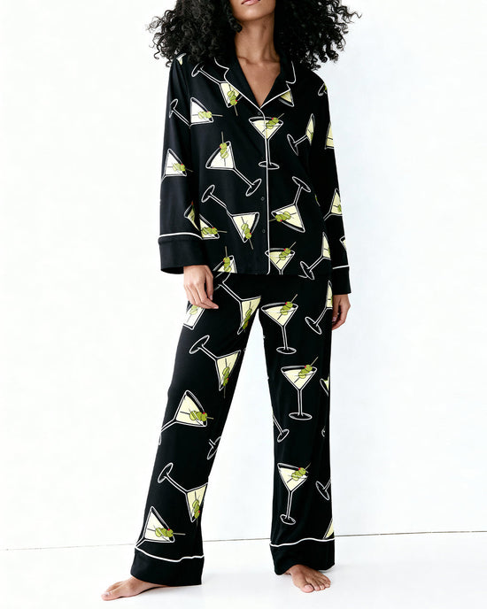 Black Martinis Olives Print Pajama Set OMFORT