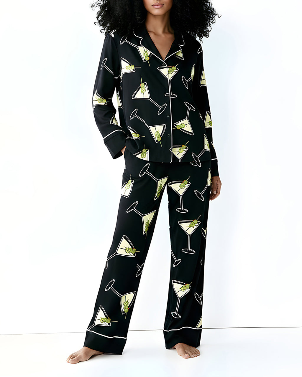 Black Martinis Olives Print Pajama Set OMFORT
