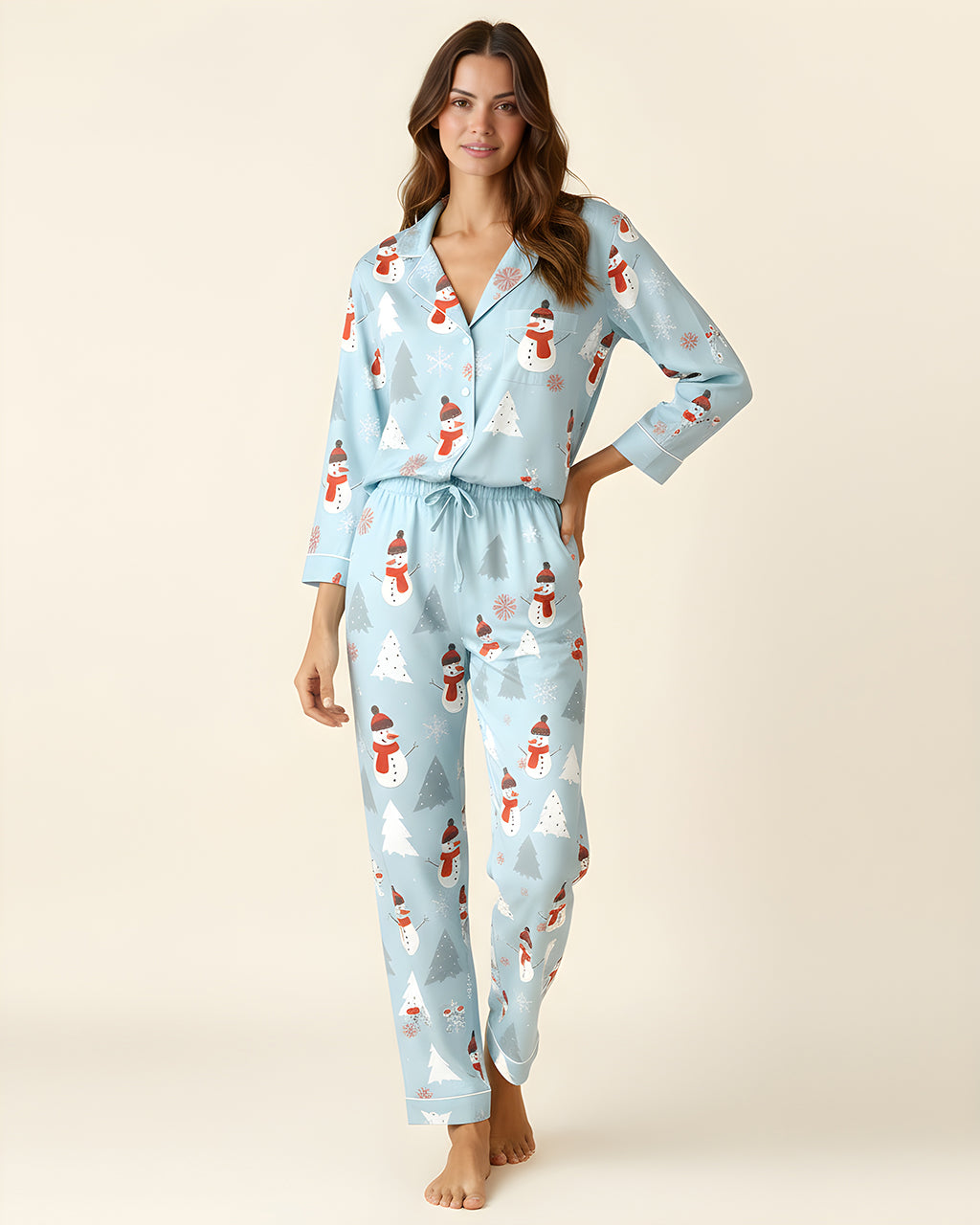 Christmas Snowman And Trees Print Pajama Set OMFORT