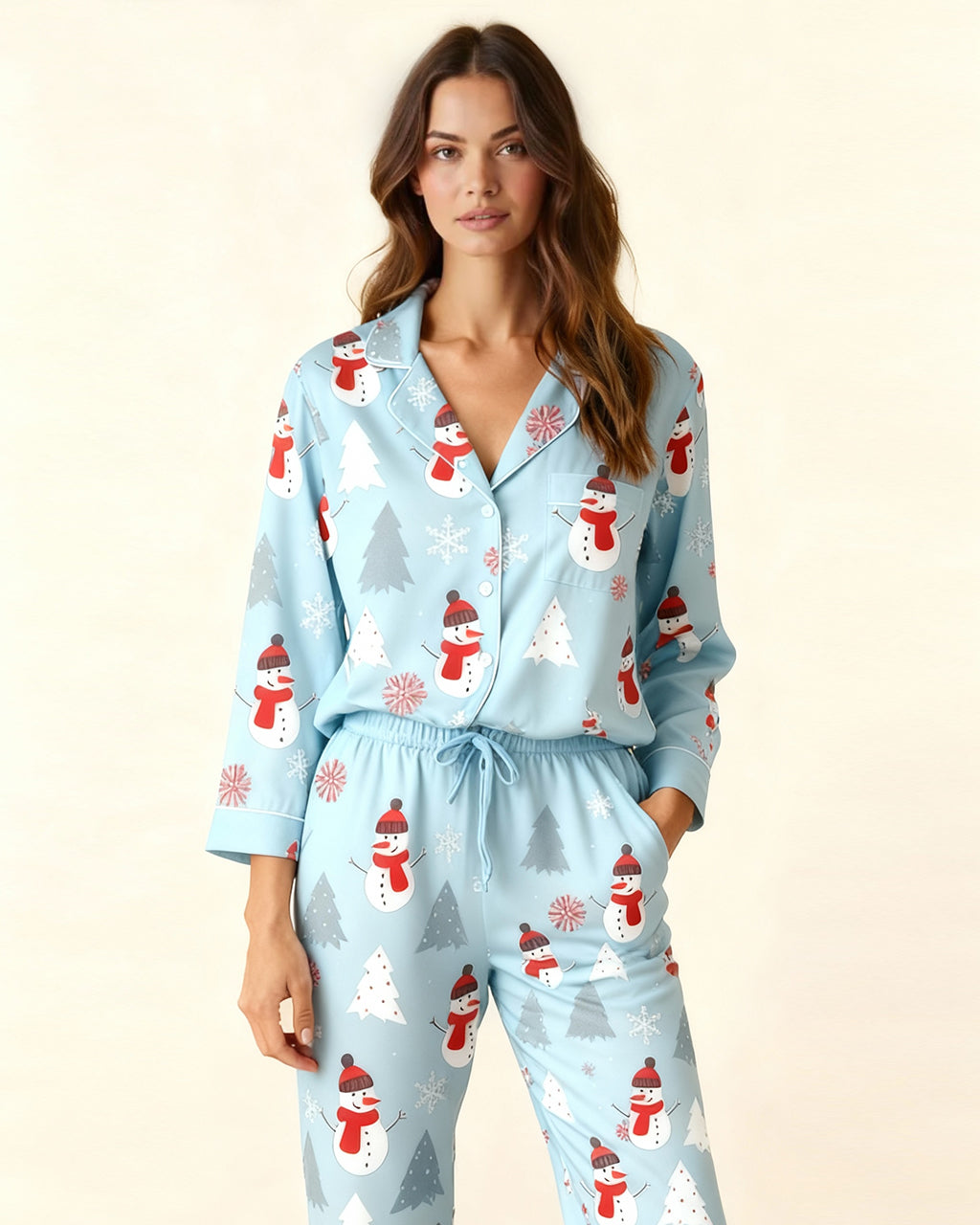 Christmas Snowman And Trees Print Pajama Set OMFORT