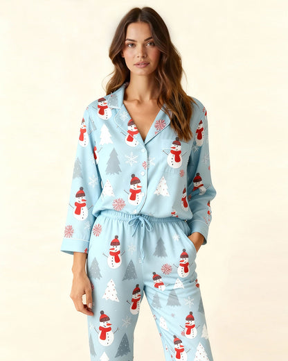 Christmas Snowman And Trees Print Pajama Set OMFORT