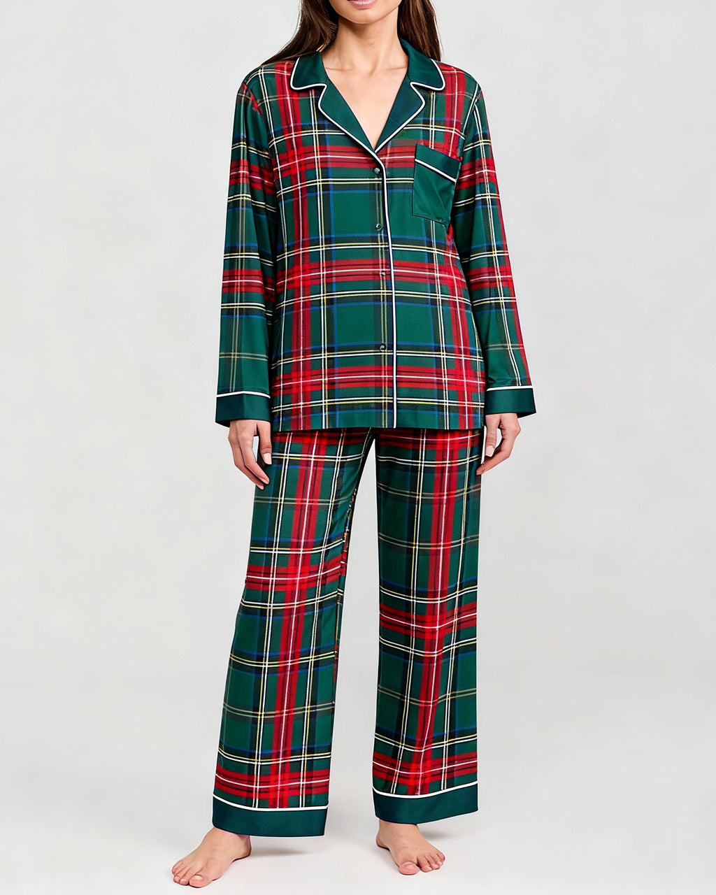 Green Scottish Tartan Plaid Print Pajama Set OMFORT