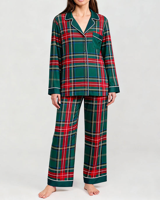 Green Scottish Tartan Plaid Print Pajama Set OMFORT