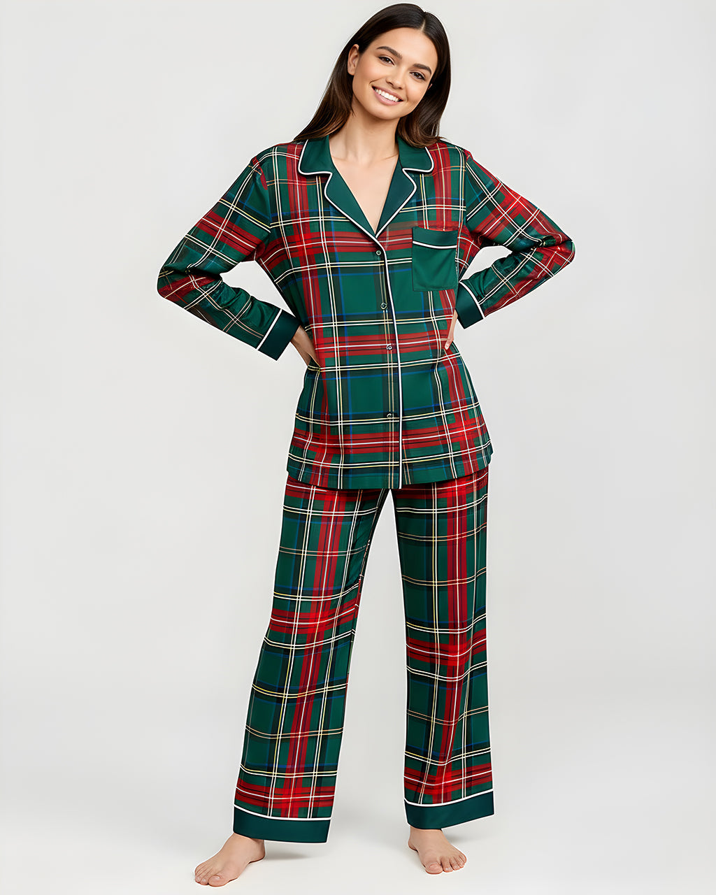 Green Scottish Tartan Plaid Print Pajama Set OMFORT