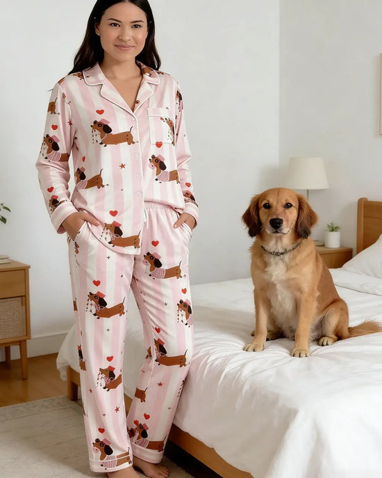 Groovy Valentine Dachshund Print Pajama Set OMFORT