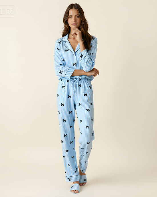 Stripe Bow Print Long Pajama Set OMFORT