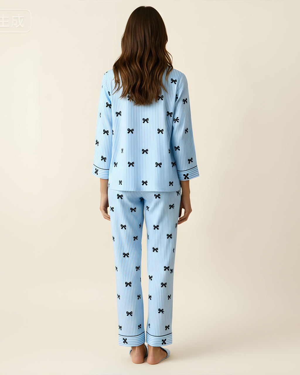 Stripe Bow Print Long Pajama Set OMFORT