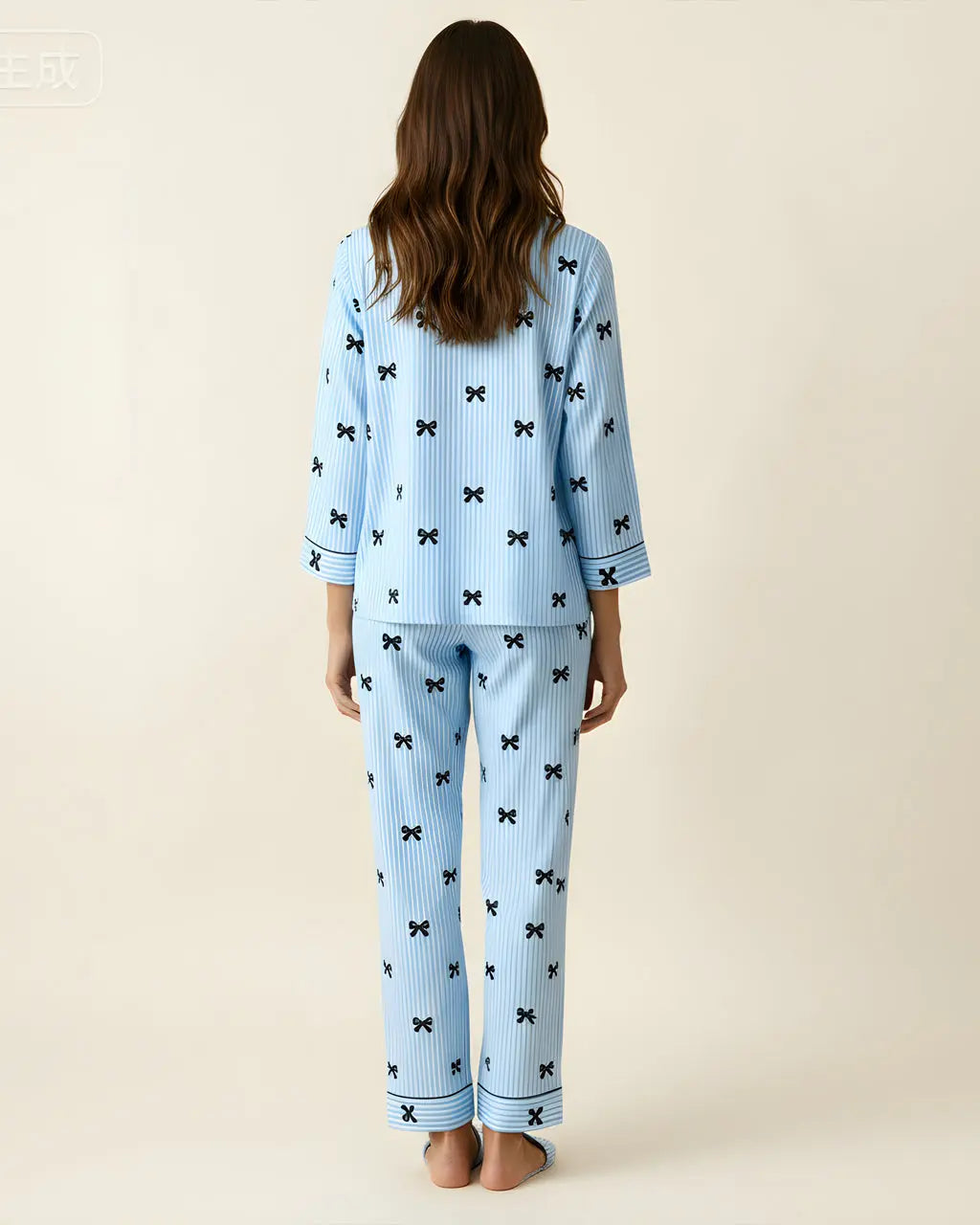 Stripe Bow Print Long Pajama Set OMFORT