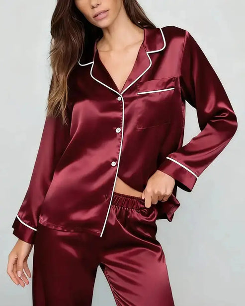 Comfy Solid Red Satin Pajama Set OMFORT