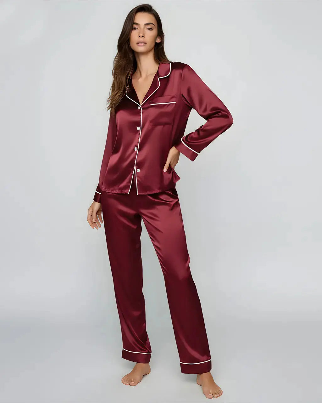 Comfy Solid Red Satin Pajama Set OMFORT
