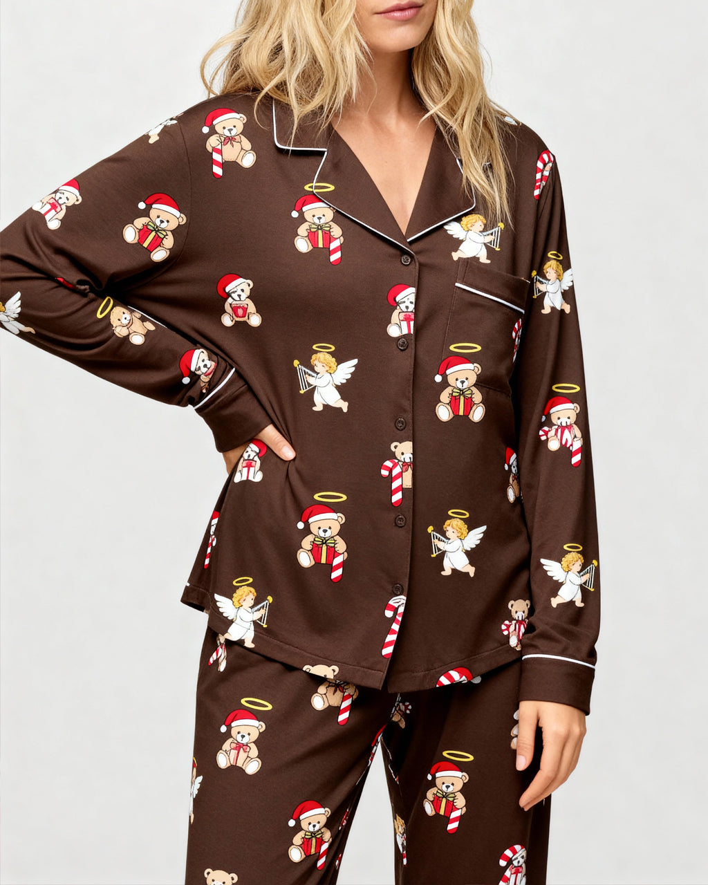 Christmas Teddy Bear Angel Print Pajama Set OMFORT