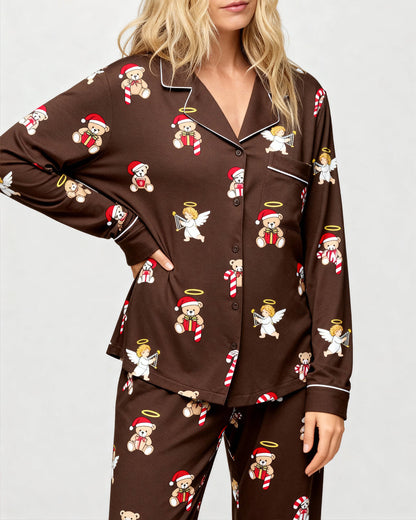 Christmas Teddy Bear Angel Print Pajama Set OMFORT