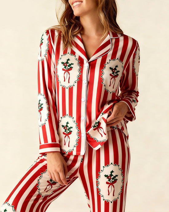 Christmas Holly Stripe Print Pajama Set OMFORT