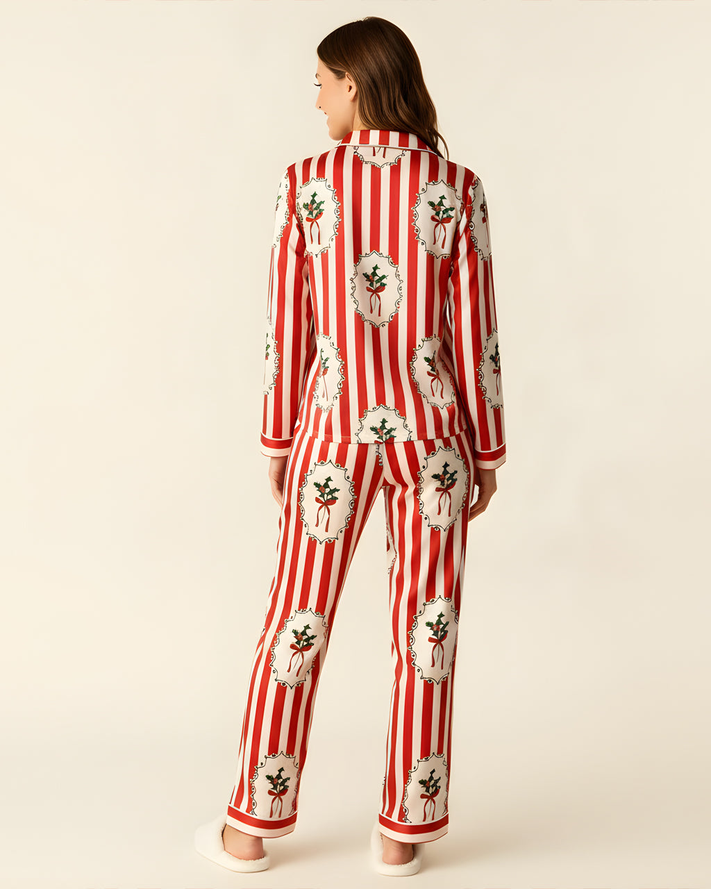 Christmas Holly Stripe Print Pajama Set OMFORT