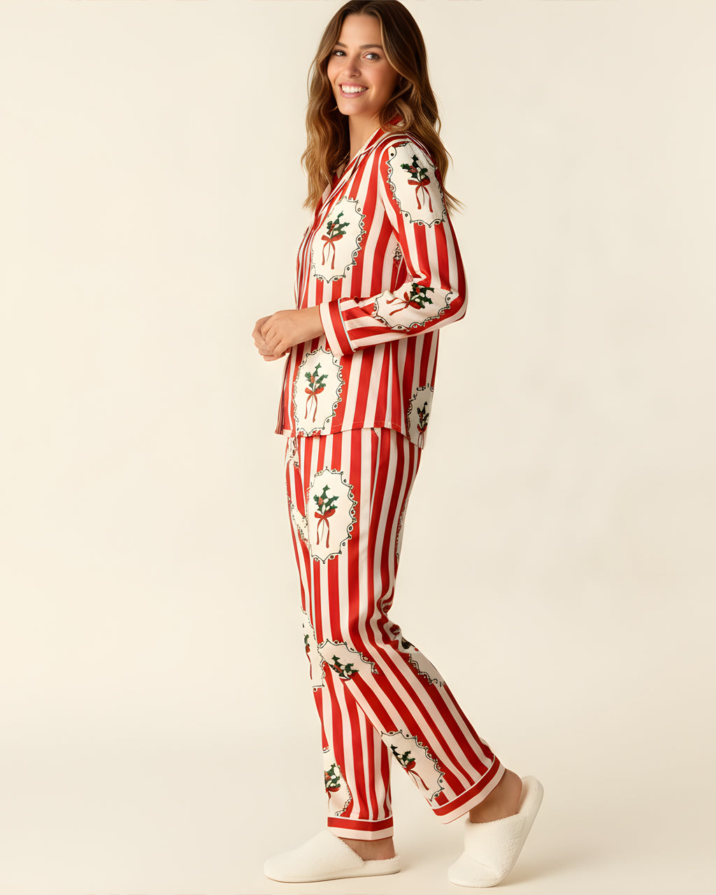 Christmas Holly Stripe Print Pajama Set OMFORT