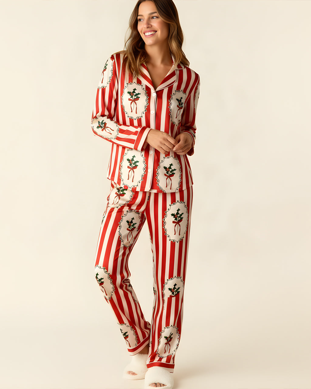 Christmas Holly Stripe Print Pajama Set OMFORT