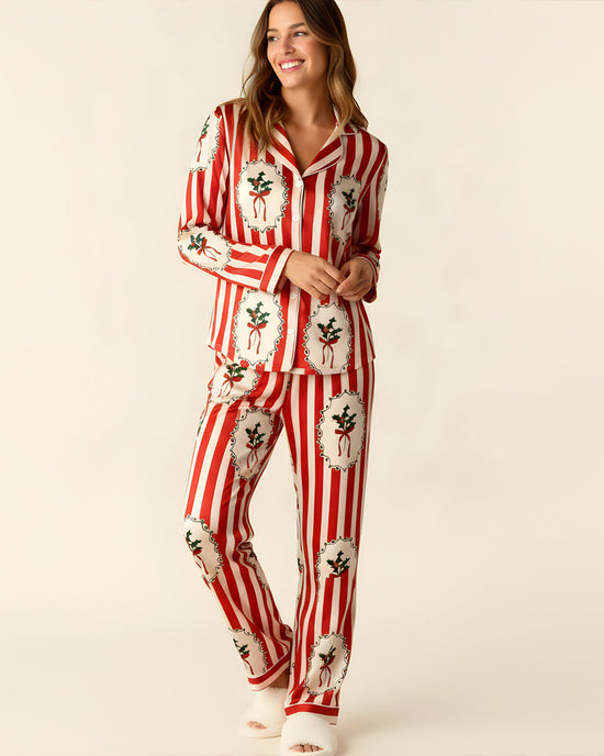 Christmas Holly Stripe Print Pajama Set OMFORT