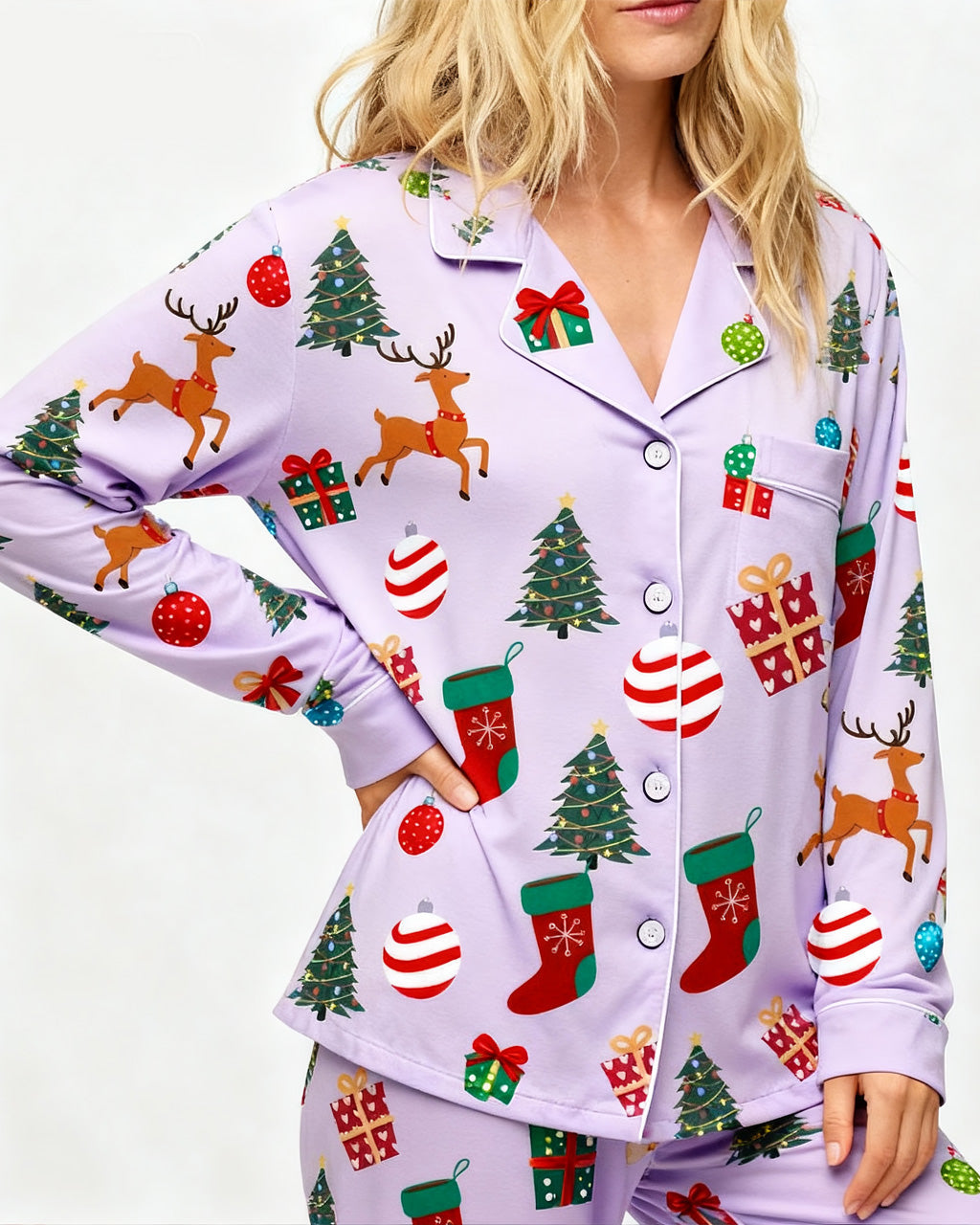 Christmas Balls And Reindeer Print Pajama Set OMFORT