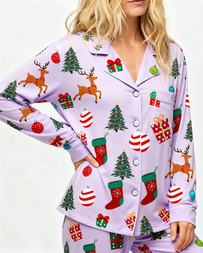 Christmas Balls And Reindeer Print Pajama Set OMFORT